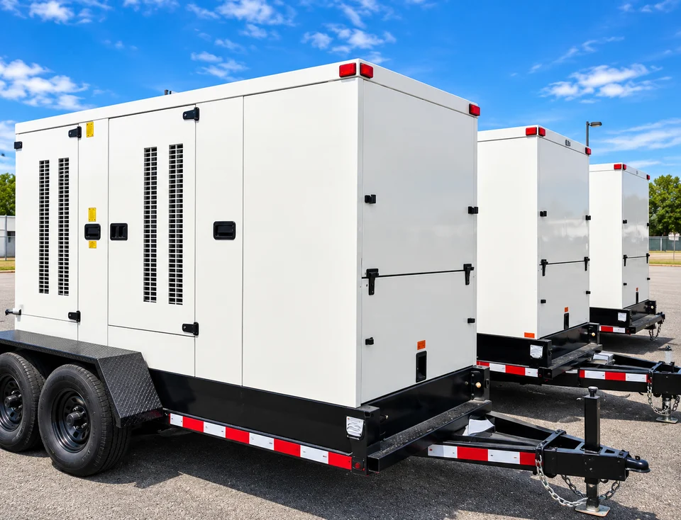 Illustrative enclosed commercial generator trailer at a site